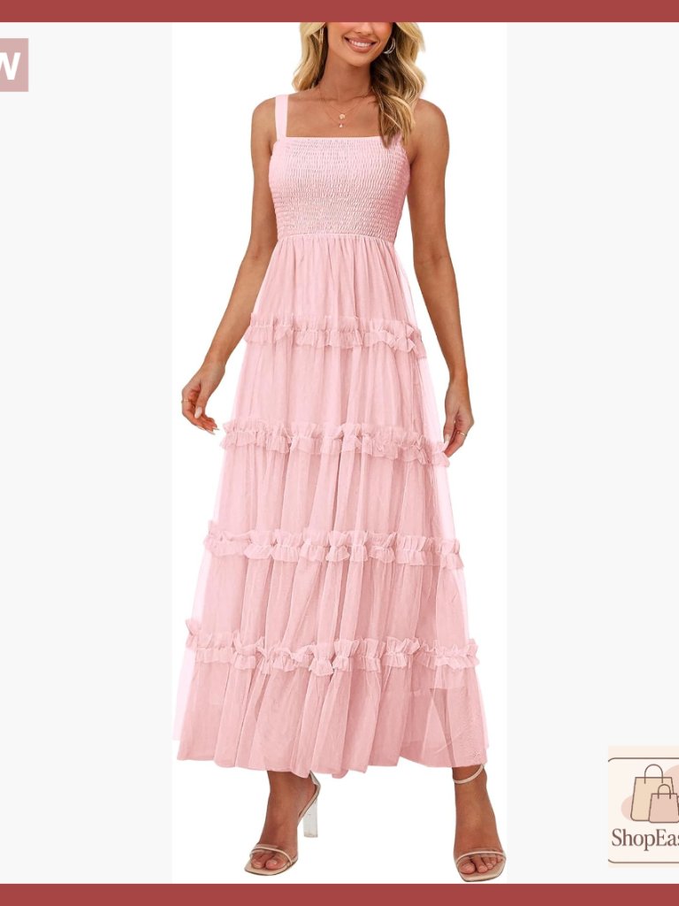 Sleeveless Smocked Tiered Ruffle Tulle A-Line Maxi Dress Elegant Boho Wedding